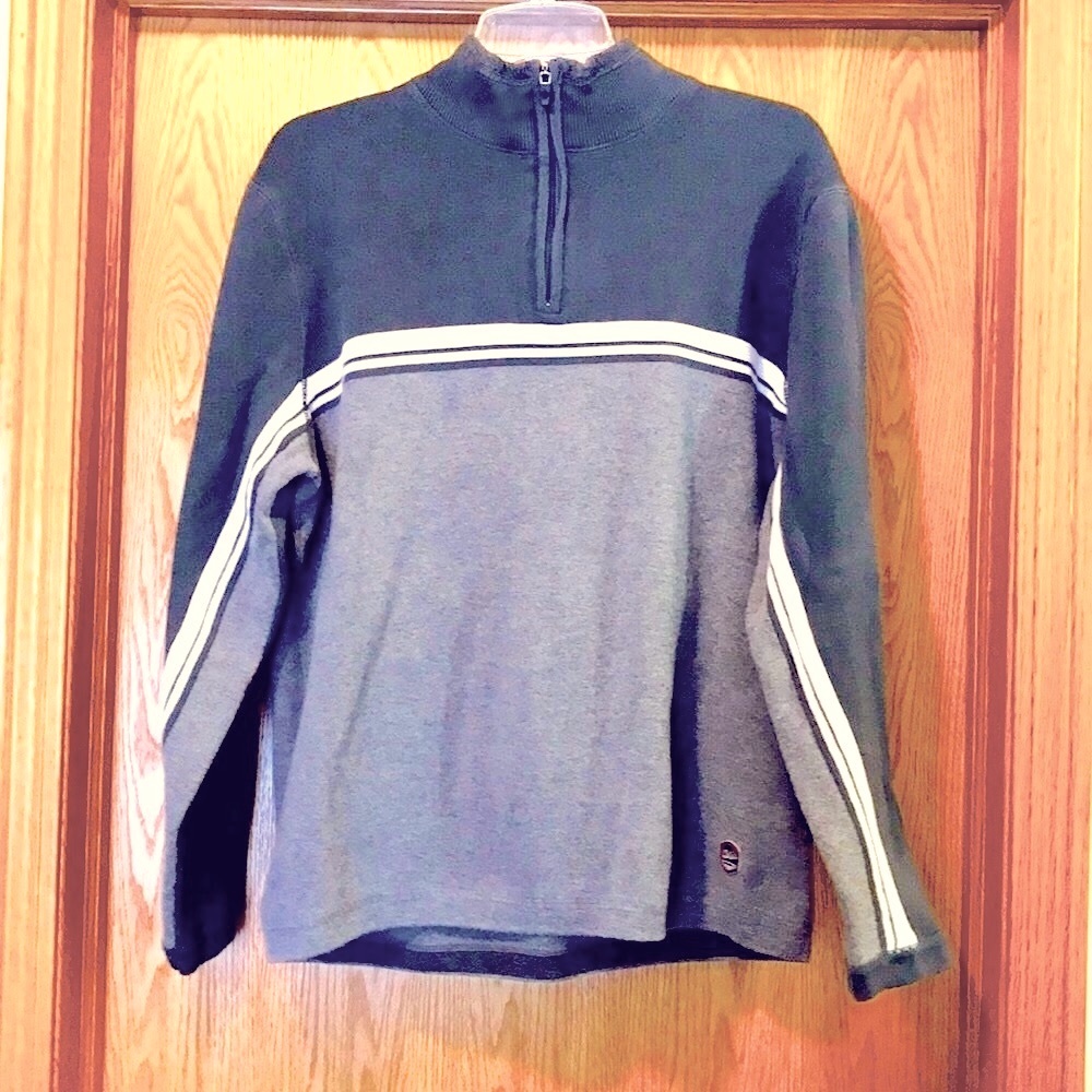 Eddie Bauer 1/4 zip L cotton pullover gray white casual stand collar sweater EUC